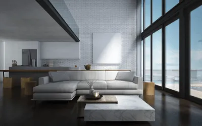 Smooth rendered interior feature wall in a modern open-plan living room